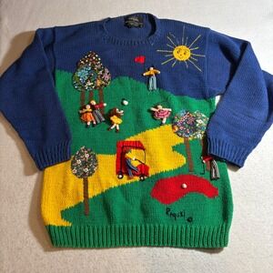 Raquel's Collection Handmade in Peru Cotton‎ Golf Scene Novelty Knit Sweater 3D